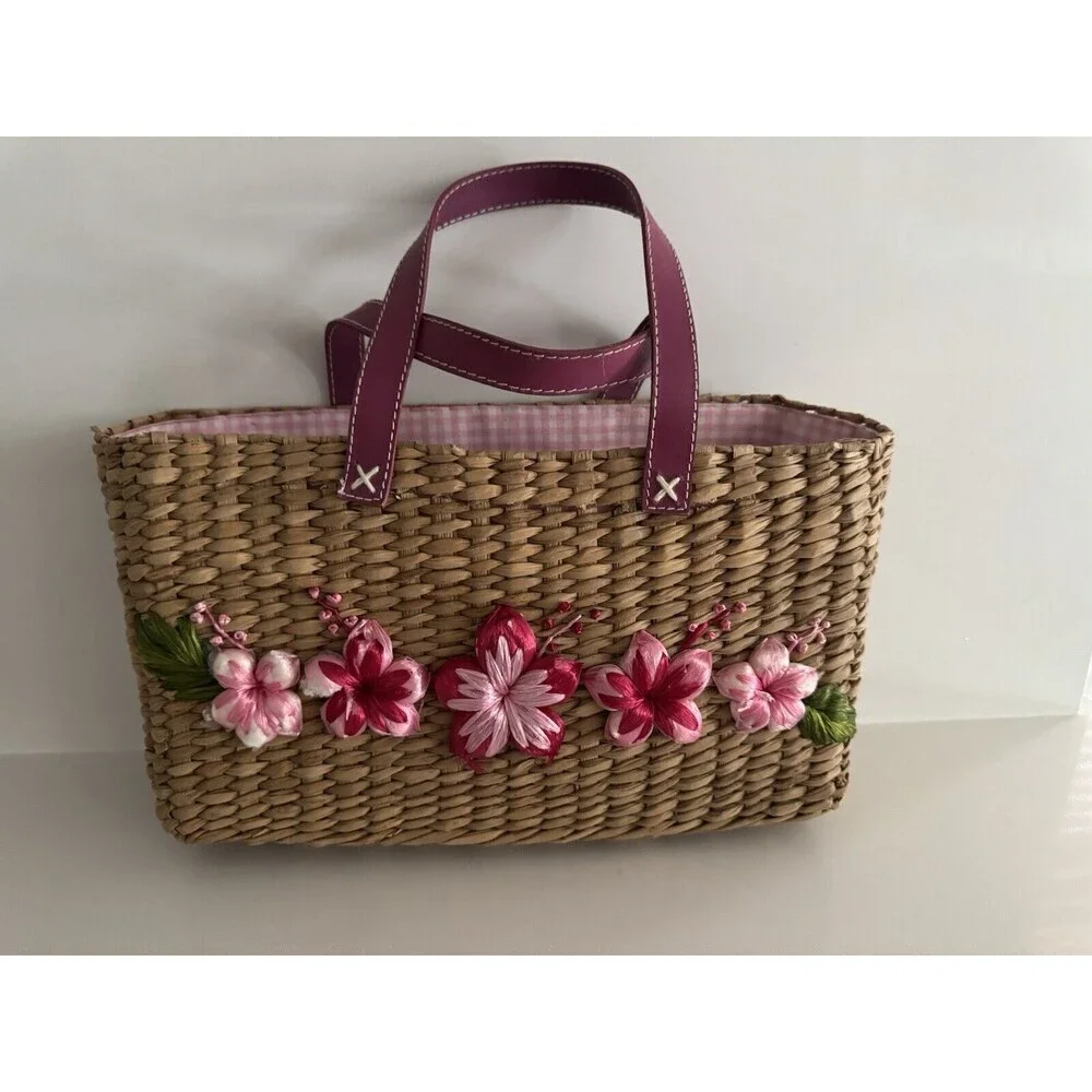 House of AnLi Basket vintage Beige pink floral detail plaid inside —see Pictures
